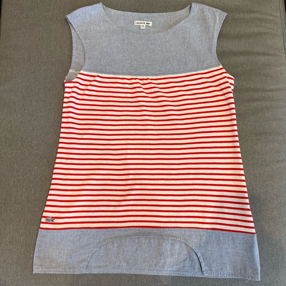 Lacoste Nautical Striped Sleeveless Women’s Tunic Top Chambray Red White EU 40